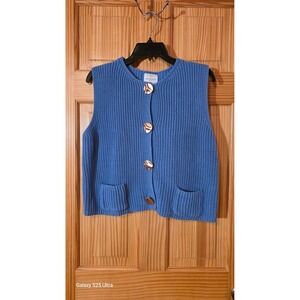 Soho & Stella Blue Knit Cardigan Vest Gold Button Ribbed Sleeveless ST23846 M